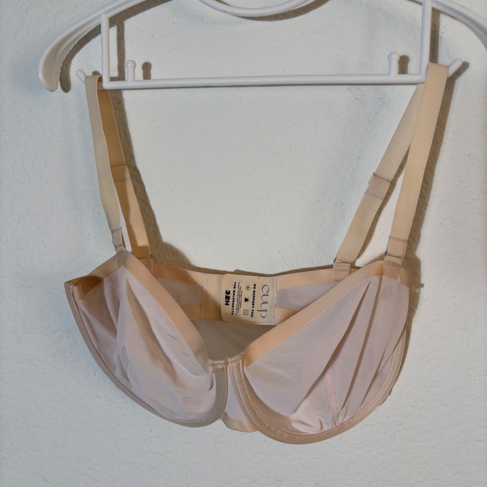 CUUP The Balconette Bra Women 32H Nude Beige Underwire Sheer Mesh